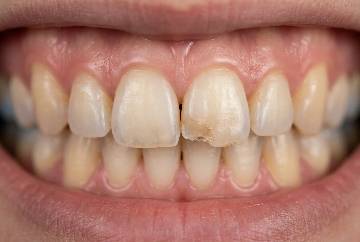 Close-up of a chipped and worn upper front tooth